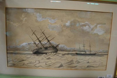 Lot 643 - English School (19th century) An English naval vessel caught in pack ice, snow-capped hills in...