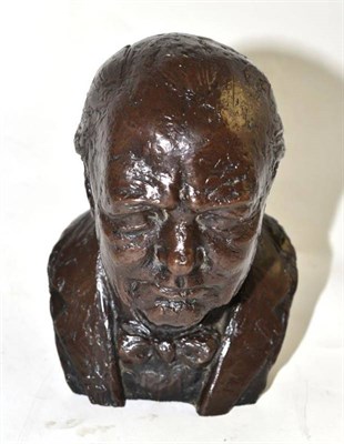 Lot 189 - Bronzed resin bust of Churchill, signed F Belsky