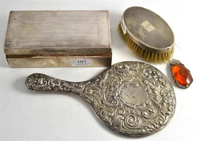 Lot 191 - Silver trinket box, oval brush, hand mirror and a pendant