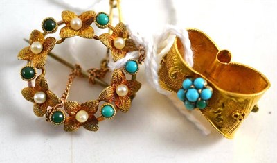 Lot 209 - A turquoise and seed pearl brooch and a turquoise set spacer for pearls (converted to a brooch)