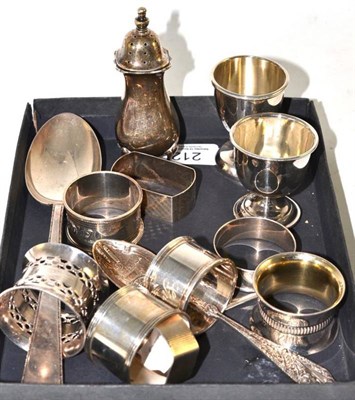 Lot 212 - Five silver napkin rings, two silver egg cups, silver pepperette etc