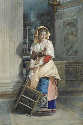 Lot 646 - Jose Tapiro Y Baro (1830-1913) Spanish  "The Church Cleaner " Signed, inscribed verso, pencil,...