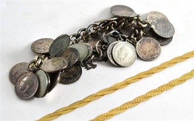 Lot 221 - Silver bracelet with silver coins and a gold bracelet and necklace