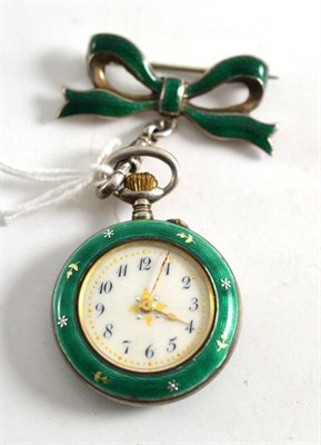 Lot 222 - A lady's enamel fob watch and attached enamel bow