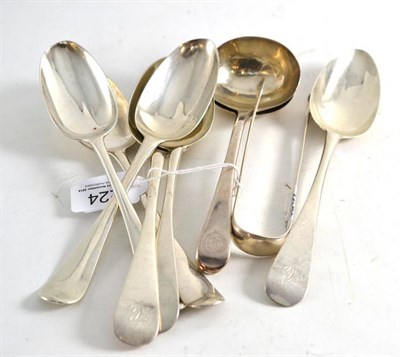 Lot 224 - Six Georgian silver tablespoons, pair of sauce ladles and a pair of sugar tongs