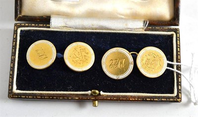 Lot 251 - Pair of 18ct gold and enamel decorated cufflinks, initialled and dated 1922 (in fitted case)