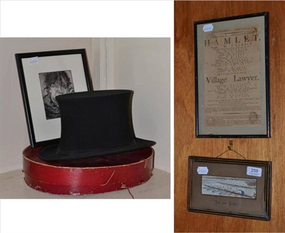 Lot 259 - A folding opera hat in box, a stevengraph titled ";Are You Ready";, a framed black and white...