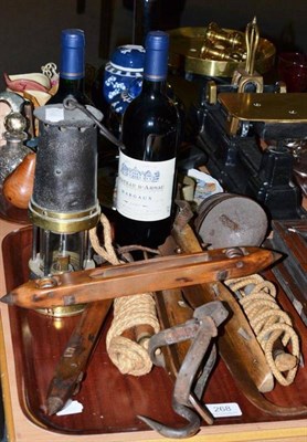 Lot 268 - Butlers bell board, Patterson & Co brass mounted miners lamp, two bottles of red wine Chateau...