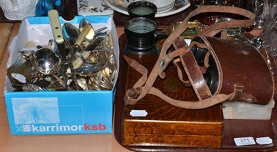 Lot 271 - Brass carriage clock, pair of cased binoculars, lighter, magnifying glasses, flatwares etc