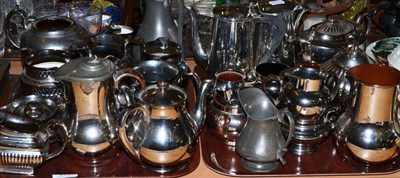 Lot 272 - Assorted silver lustre pottery, two pewter jugs and two plated hotwater pots (two trays)