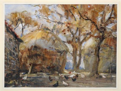 Lot 652 - Rowland Henry Hill (1873-1952) Sunlit farmyard with chickens beside a haystack Signed and dated...