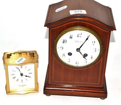 Lot 278 - A mahogany inlaid mantel clock, Camerer Kuss & Co.; and a modern carriage timepiece