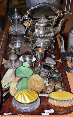 Lot 285 - A collection of silver and silver plate including a kettle on stand, five piece silver and...