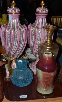 Lot 287 - Pair of French modern pink striped decorative vases and covers, coloured glass and Japanese vase