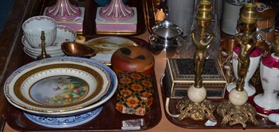 Lot 288 - A blue and white pottery cheese stand, Derby cabinet plate decorated with fruit and birds, Wedgwood