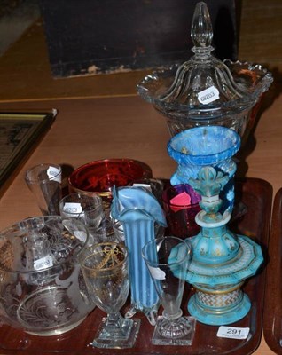 Lot 291 - Glass vase and cover, ruby glass finger bowl and stand, overlay scent bottle, eight drinking...