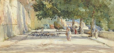 Lot 654 - Arthur Reginald Smith ARA, RWS, RSW (1871-1934) Continental town scene with shepherd, sheep and...