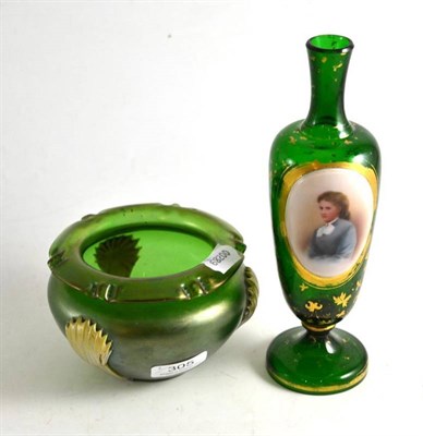 Lot 305 - Loetz style green glass bowl and a green glass vase with a portrait of a maiden (2)