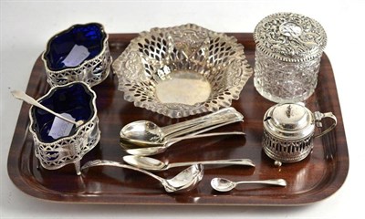 Lot 306 - A pair of pierced silver salts, a hair tidy, six teaspoons, ladle, mustard and pierced dish