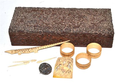 Lot 307 - An Anglo-Indian carved box, a 19th century carved ivory plaque, toothpick holder, etc