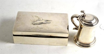 Lot 311 - Silver mounted hinged box embossed with a flying duck and a Dunhill lighter modelled as...