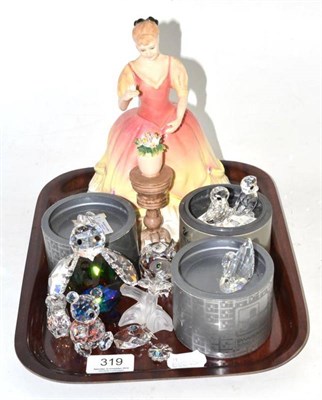 Lot 319 - Royal Doulton figure Sarah, and Swarovski crystal animals including seated Teddy bear,...