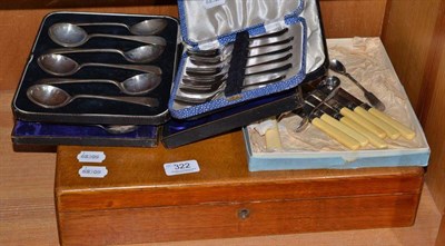 Lot 322 - Cased set of silver soup spoons, cased set of twelve silver teaspoons and tongs, an oak cased...