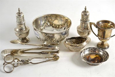 Lot 332 - A quantity of silver including bowl, two peppers, tongs etc