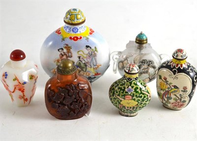 Lot 338 - Three Chinese enamelled snuff bottles, including a large example; two glass snuff bottles (one...