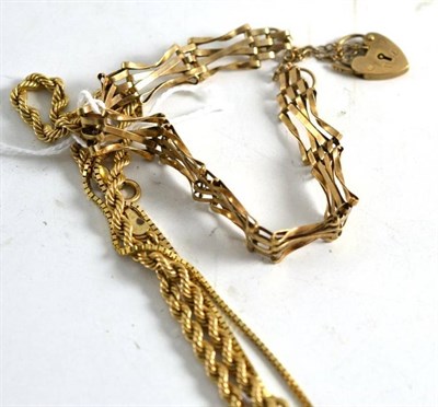 Lot 348 - A 9ct gold gate bracelet and two chains