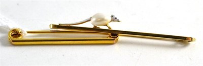 Lot 351 - A 15ct gold bar brooch with a pearl and enamel mouse, in a fitted case and a 9ct gold bar...