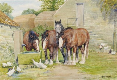 Lot 660 - Dorothy Margaret (1900-1992) and Elizabeth Mary Alderson (1900-1988) Sunlit farmyard with shire...