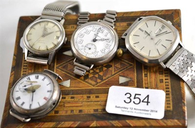 Lot 354 - Omega steel wristwatch ";constellation"; Favre Leuba wristwatch, Waltham silver wristwatch and...