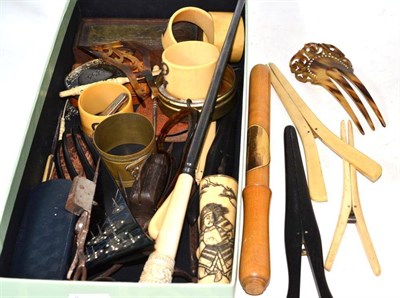 Lot 364 - Quantity of collectables including glove stretchers, button hook, napkin rings, hair combs etc