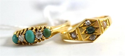 Lot 366 - An 18ct gold turquoise and diamond five stone ring and an 18ct gold emerald, diamond and seed pearl