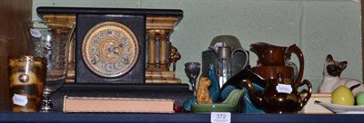 Lot 372 - America mantel clock, assorted glassware, horn beaker, ornamental china, framed pictures and prints