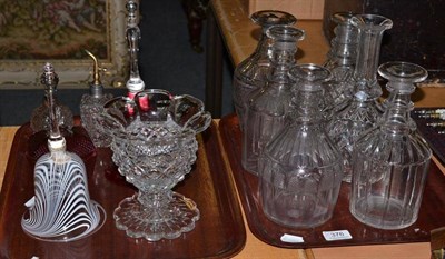 Lot 376 - Six decanters (lacking stoppers), glass bell, cranberry glass etc (two trays)