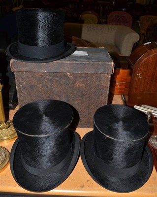 Lot 379 - Three black silk top hats (one boxed)