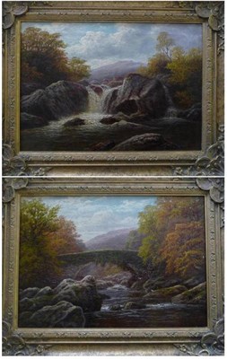 Lot 665 - William Mellor (1851-1931) River landscape with waterfall in the foreground, hills beyond...