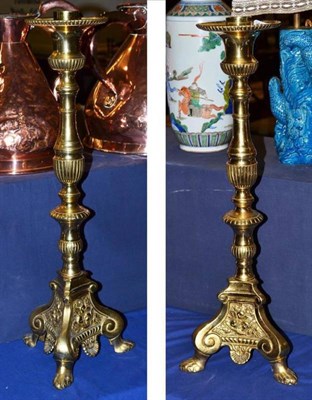 Lot 414 - Pair of brass candlestick lamps