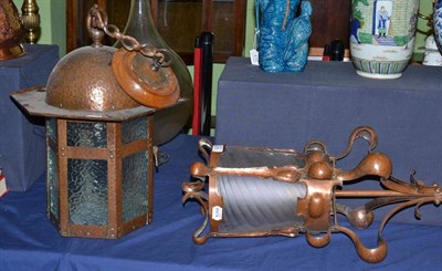 Lot 422 - An Arts & Crafts lacquered copper hall lantern, with whip lash supports, unmarked, 65cm; and...