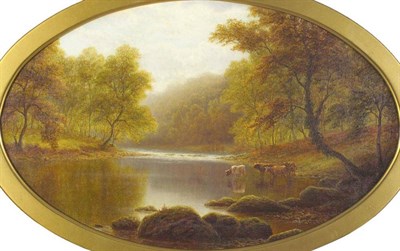 Lot 667 - William Mellor (1851-1931) "Bolton Woods ", cattle by the River Wharfe Oil on canvas laid down,...