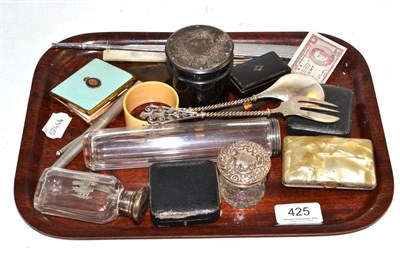 Lot 425 - Silver pen, silver cocktail stirrer, silver mounted glass jars etc