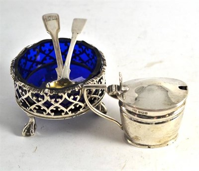 Lot 427 - A Victorian silver salt with pierced sides and blue glass liner, London 1845, a mustard, plated...