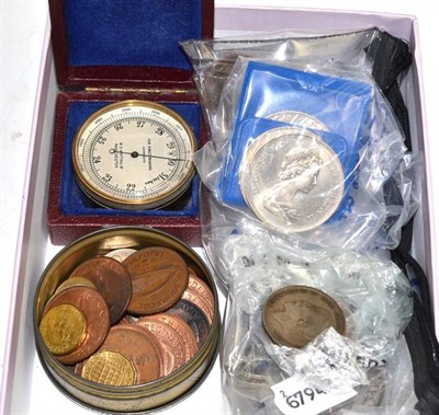 Lot 430 - Small collection of Victorian crowns and other coins together with a pocket barometer