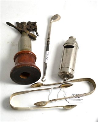 Lot 433 - Silver golf club button pull, two pairs of sugar tongs and two collectors items