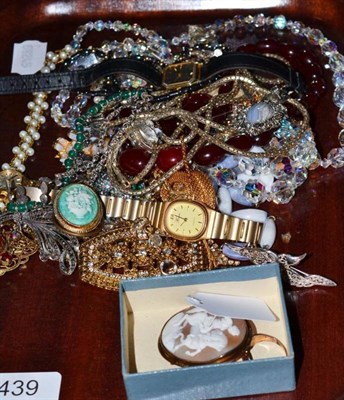 Lot 439 - A 9ct gold signet ring, dress ring (a.f.), cameo brooch and assorted costume jewellery,...