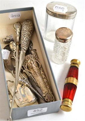 Lot 452 - A quantity including button hooks, two glass bottles, scent bottle, scissors etc