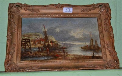 Lot 476 - Circle of John Callow AOWCS (1822-1878) figures and beached boats beside a coastline, bears...