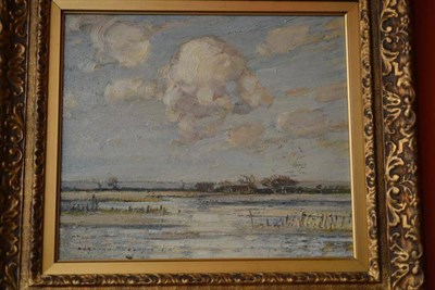 Lot 673 - Kershaw Schofield (1872-1941) Fenland flood landscape Signed, oil on panel, 32cm by 37.5cm...